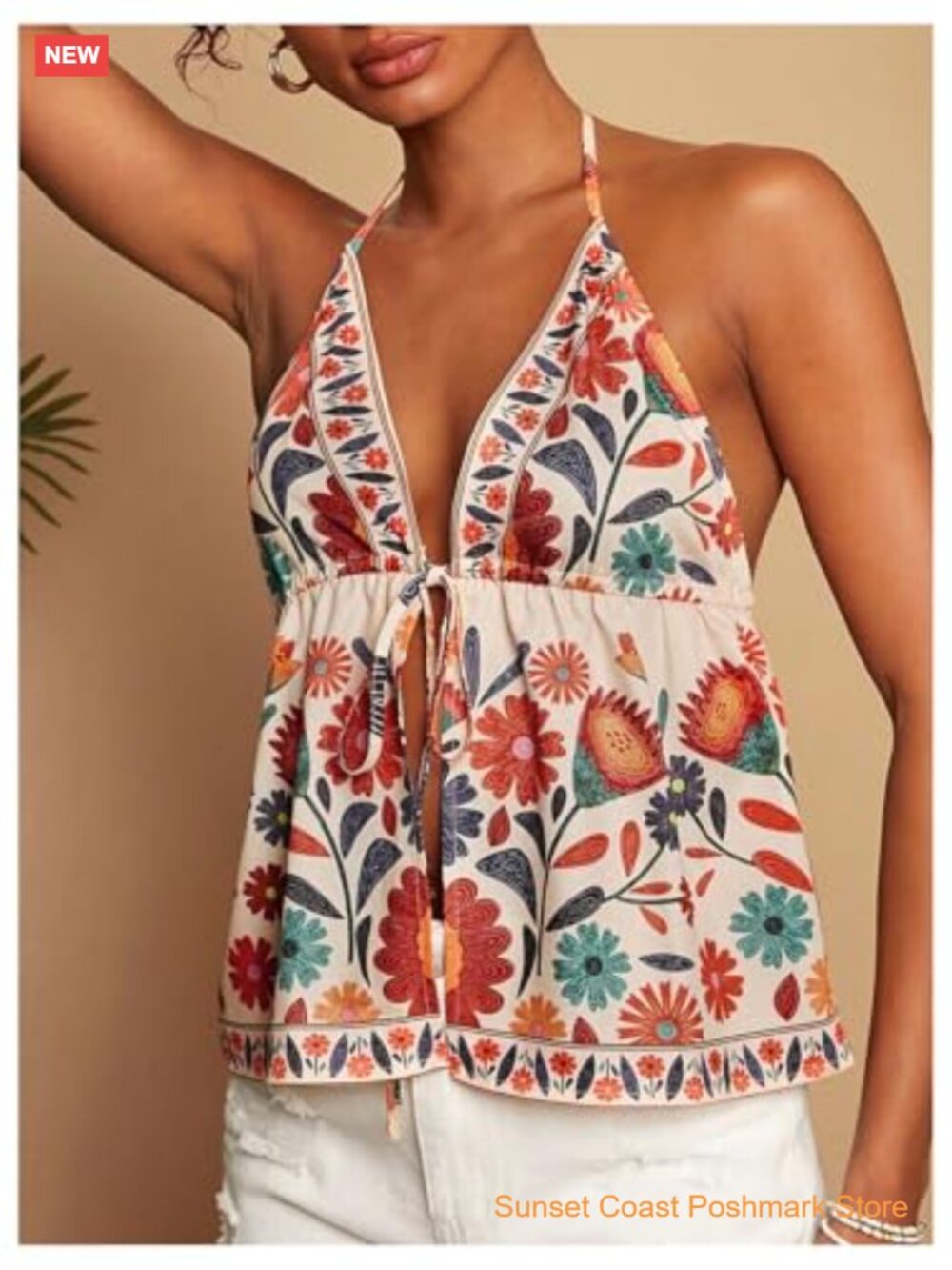 Tropical Halter Tank Top Tie Backless Boho Camisole Crop Top - Picture 6 of 6